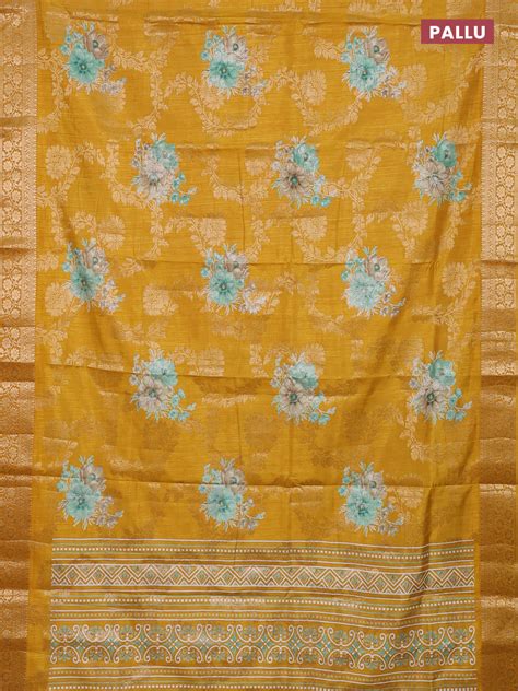 Semi dola saree mustard yellow with allover zari weaves & floral print ...