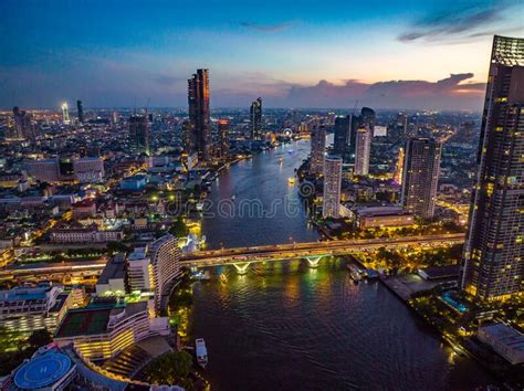 Aerial View of Saphan Taksin District Near the Taksin Bridge and Chao ...