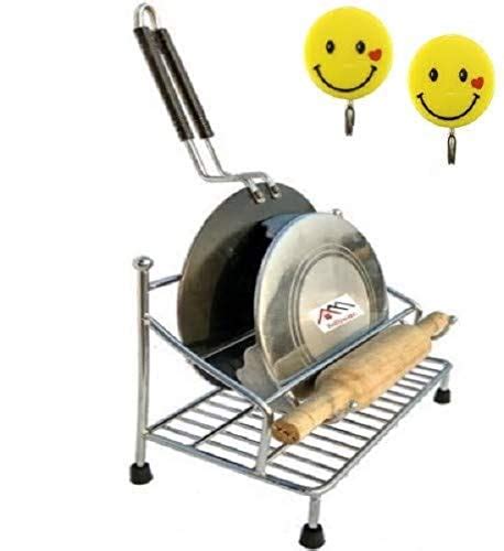 ROLLYWARE 100% Stainless Steel Belan And Chakla Stand With 2 Adhesive ...