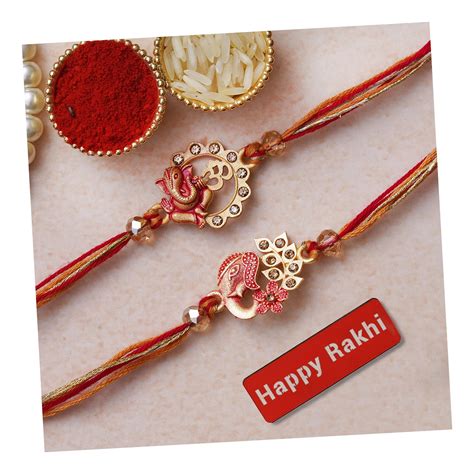 eCraftIndia Set of 2 Red & Golden Lord Ganesha, Om Symbol Rakhis, Happy ...
