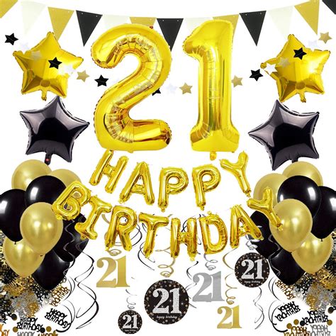 Amazon.com: Cocodeko 21th Birthday Decorations, Black Gold Happy ...