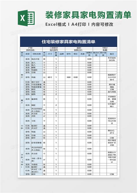 住宅装修家具家电购置清单Excel模板下载_熊猫办公