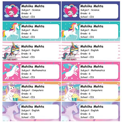 Smile Labels Unicorn Design Personalised Book Label Stickers for Kids ...