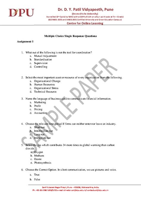 Formative Assessment Sample Questions for Environmental Studies (ENV101 ...