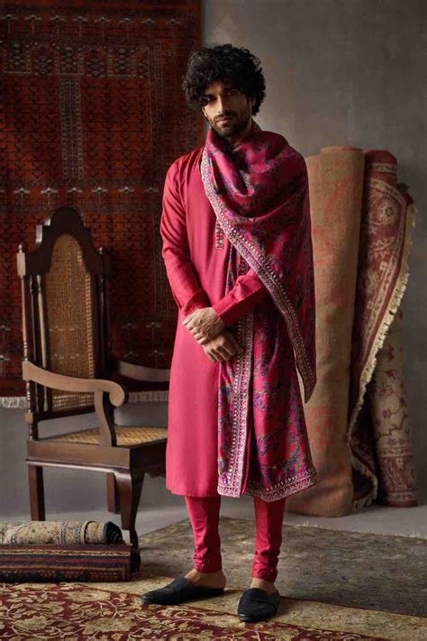 Cherry Red Tussar Silk Kurta With Churidar And Dushala Set – Punit Balana