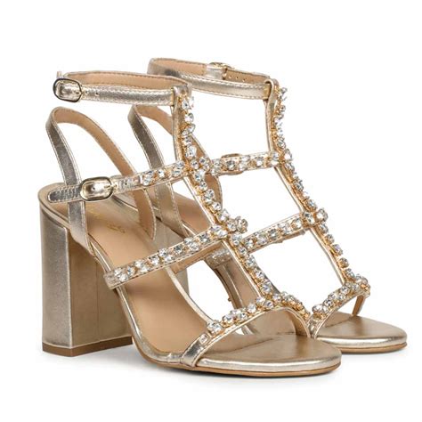 Saint Gretel Stone Embellished Gold Metallic Leather Cage Block Heels ...