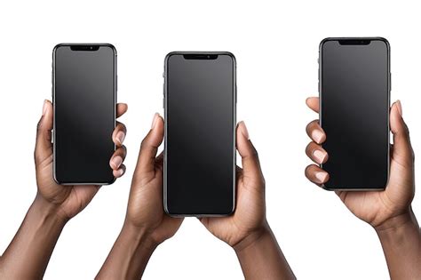 Black hand holding phone facing camera isolated on white background ...