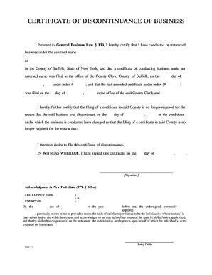 Certificate of Discontinuance of Business - Blank Fillable Template ...
