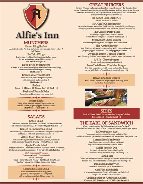 Menu at Alfie's Inn restaurant, Glen Ellyn