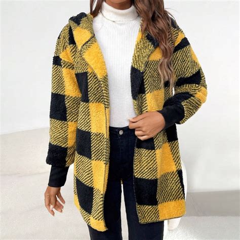 Ozmmyan Womens Plaid Jacket Long Sleeve Front Open Fleece Hooded ...