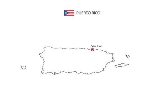 Hand draw thin black line vector of Puerto Rico Map with capital city San Juan on white ...