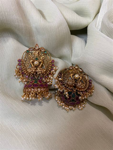 Ruby Green Peacock cluster pearl jhumkas – Daivik.in