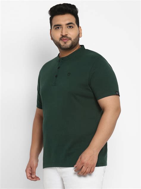 Plus Men's Bottle Green Solid Mandarin Collar Regular Fit Half Sleeve ...