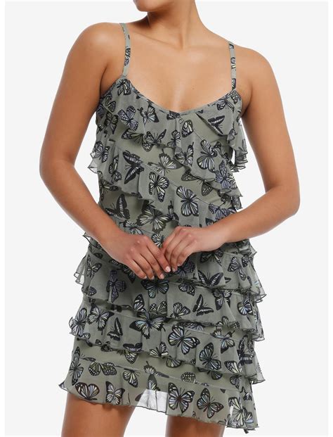 Thorn & Fable Olive Butterfly Ruffle Cami Dress | Hot Topic