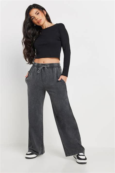 PixieGirl Petite Women's Dark Grey Acid Wash Wide Leg Joggers | PixieGirl