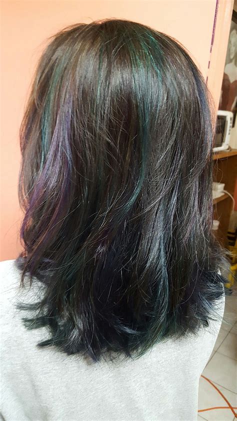 Oil slick hair color on brown hair. in 2025 | Oil slick hair color, Oil ...