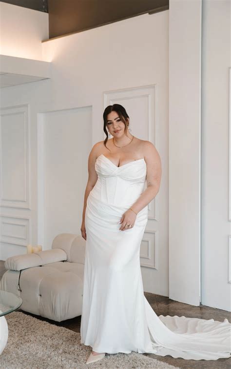 Plus Size Strapless Modern Satin Column Gown for the Fashion-Forward Bride