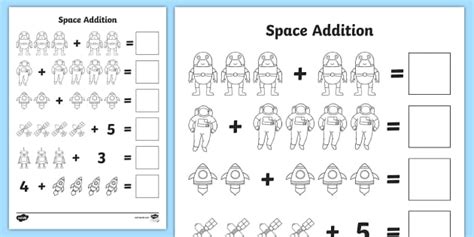 Space-Themed Numbers Adding with Pictures Worksheets