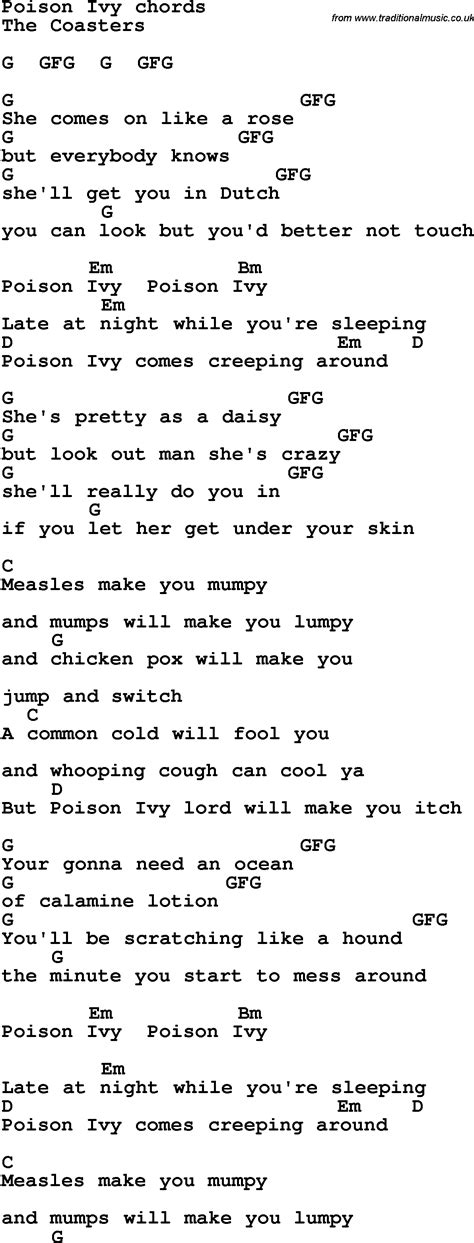 Song lyrics with guitar chords for Poison Ivy