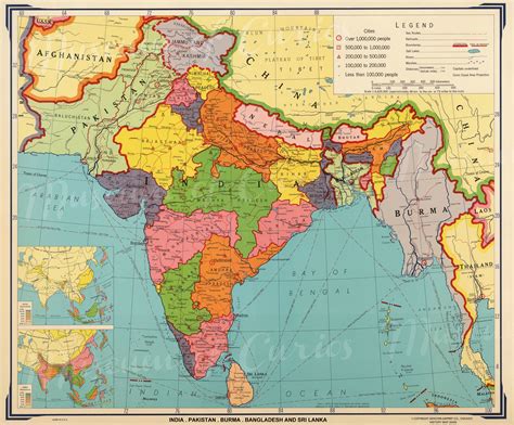 Digital, Map of India, Pakistan, Myanmar, Bangladesh and Sri Lanka, INSTANT DOWNLOAD, Printable ...