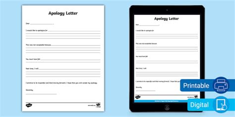 Apology Letter Template for 3rd-5th Grade (teacher made)