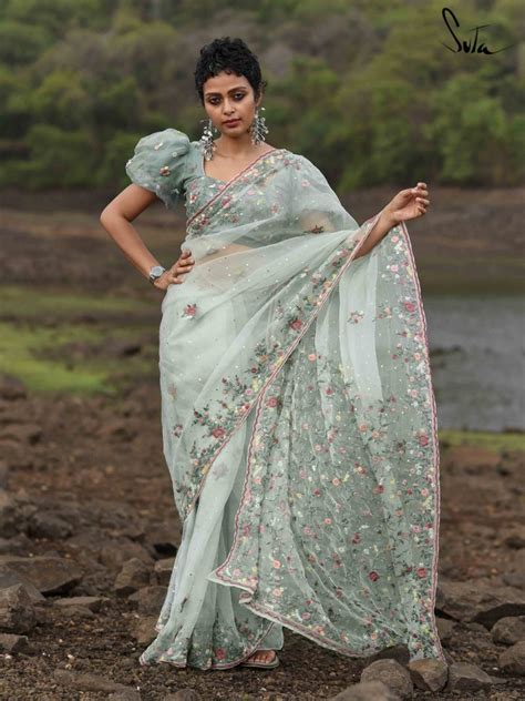 Green Designer Silk Organza Saree|Midnight Musings|Suta