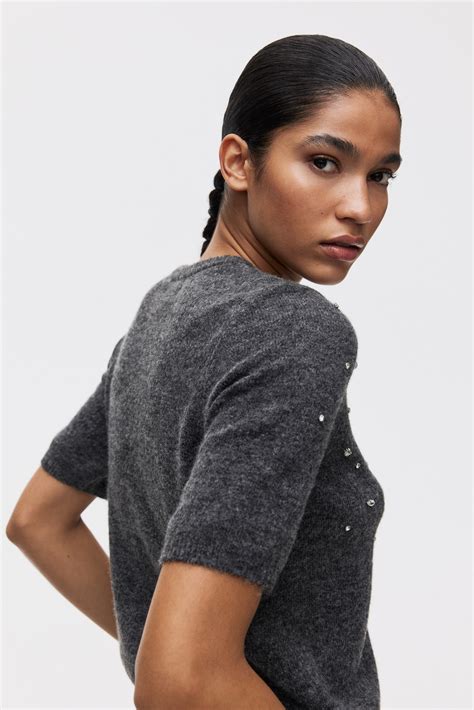 Rhinestone-embellished fine-knit top - Dark grey marl - Ladies | H&M IN