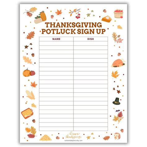 Thanksgiving Potluck Sign up Sheet Printable, Thanksgiving Potluck Sign ...