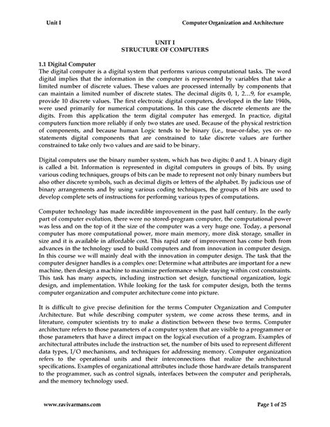 Computer Organization and Architecture - Unit I Computer Organization ...