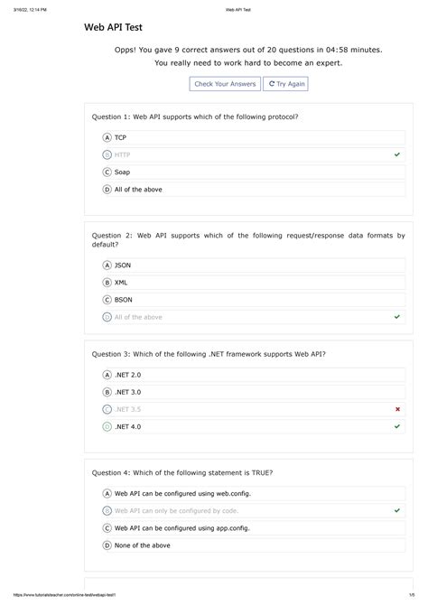 Web API Test - Opps! You gave 9 correct answers out of 20 questions in ...
