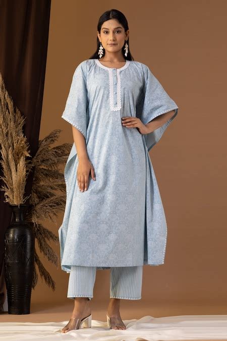 Buy Blue Cotton Lace Round Neck Floret Pattern Kaftan And Palazzo Set ...