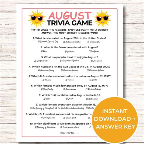 August Trivia Game, Printable August Quiz, Summer Party Game, Summer ...