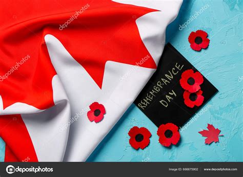 Poppy Flowers Flag Canada Card Blue Background Remembrance Day — Stock Photo © serezniy #666675902