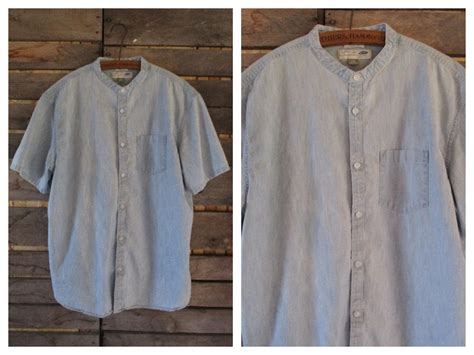 Old Navy Denim Shirt Mens Vintage Band Mandarin Collar Short Sleeve ...