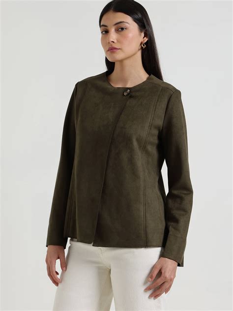 Buy Olive Suede Overlap Jacket Online | FableStreet