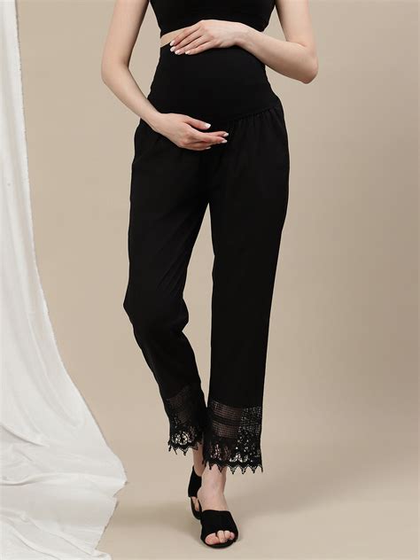 Maternity Cotton Wide-Leg Pants with Lace- Black