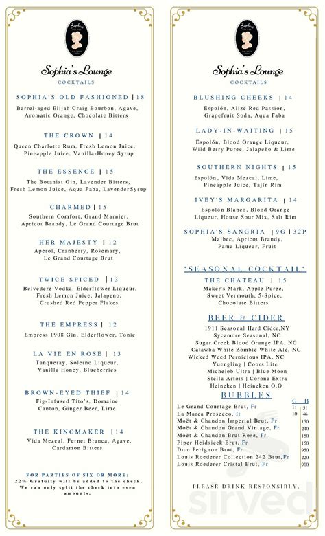 Sophia's Lounge menu in Charlotte, North Carolina, USA