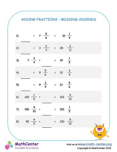Adding Fractions - Missing Addends | Worksheets | Math Center