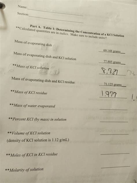 Answered: Name: Section: Part A. Table 1: Determining the Concentration of a KCI Solution ...