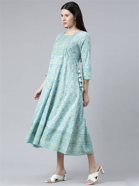 Neerus Sea Green Color Cotton Fabric Floral Kurta – Neerus India