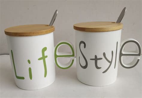 Love, life, smile, style ceramic mugs with wooden lid & stainless stee ...