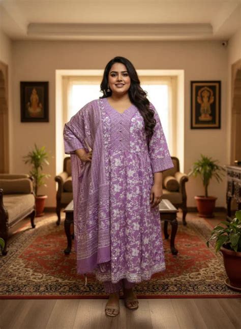 Plus Size Purple Anarkali Cotton Printed Flared Kurta Set with Dupatta ...