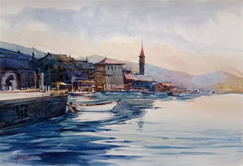 "Boat": Blue Watercolor Painting (22x15) by Prasanta Maiti – ArtZolo.com