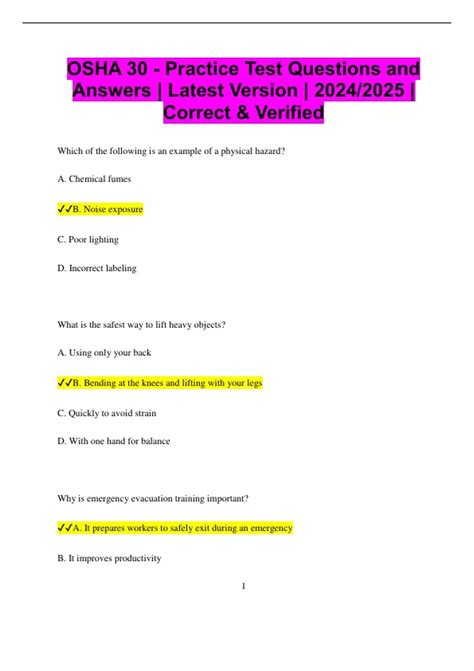 OSHA 30 - Practice Test Questions and Answers | Latest Version | 2024/ ...