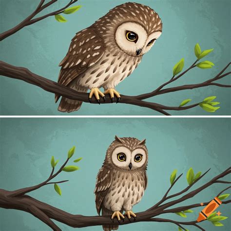 Two owls on branches, adult owl looking at baby owl on Craiyon