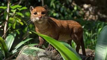 A cute fossa with big eyes and a long tail is standing on a rock in the ...