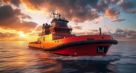 Vibrant sunset on ocean tugboat red and orange colors | Premium AI ...