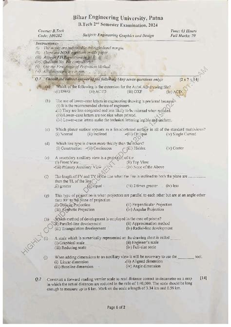 Bihar Engineering University, Patna B. Tech 2ⁿᵈ Sem EGD Exam Paper 2024 ...