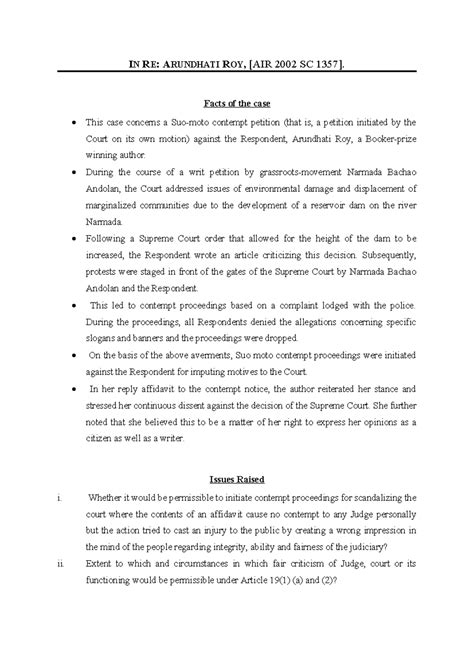 Case Analysis: In Re Arundhati Roy & Related Contempt Cases (LAW 101 ...