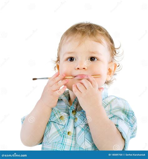 Beautiful Baby with Paint Brush Stock Photo - Image of teething ...